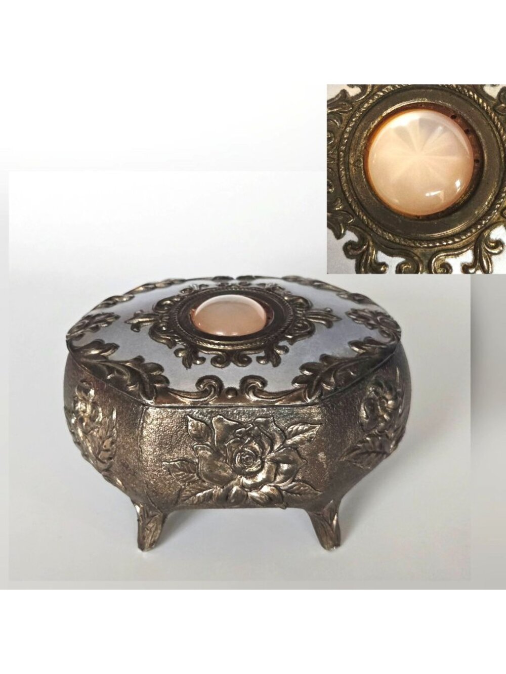 Floral Metal Footed Trinket Box With Ornate Floral Design & Starburst Cabachon